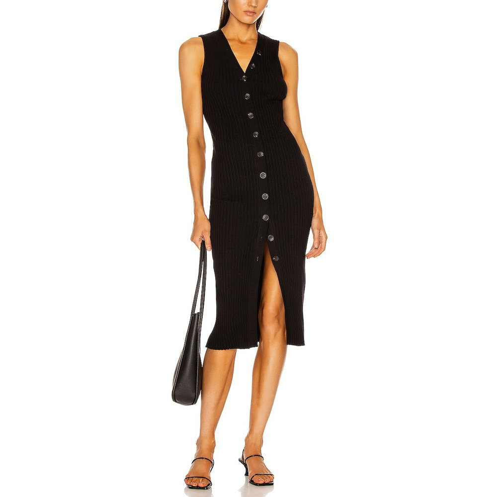Enza Costa Rib Sweater Knit Black Cotton Sleeveless Cardigan Dress Size S